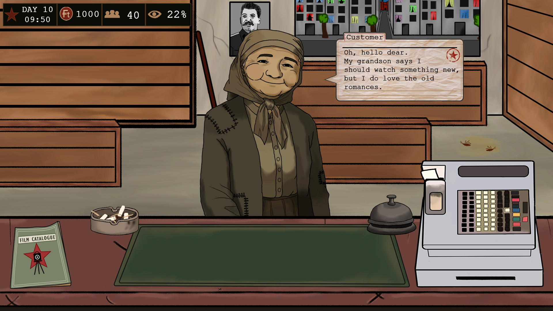 Shopkeeper character behind the counter